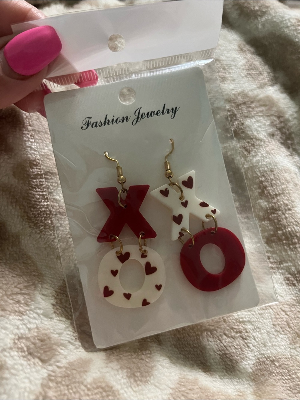 Fashion Jewelry Red and White XO Heart Drop Earrings